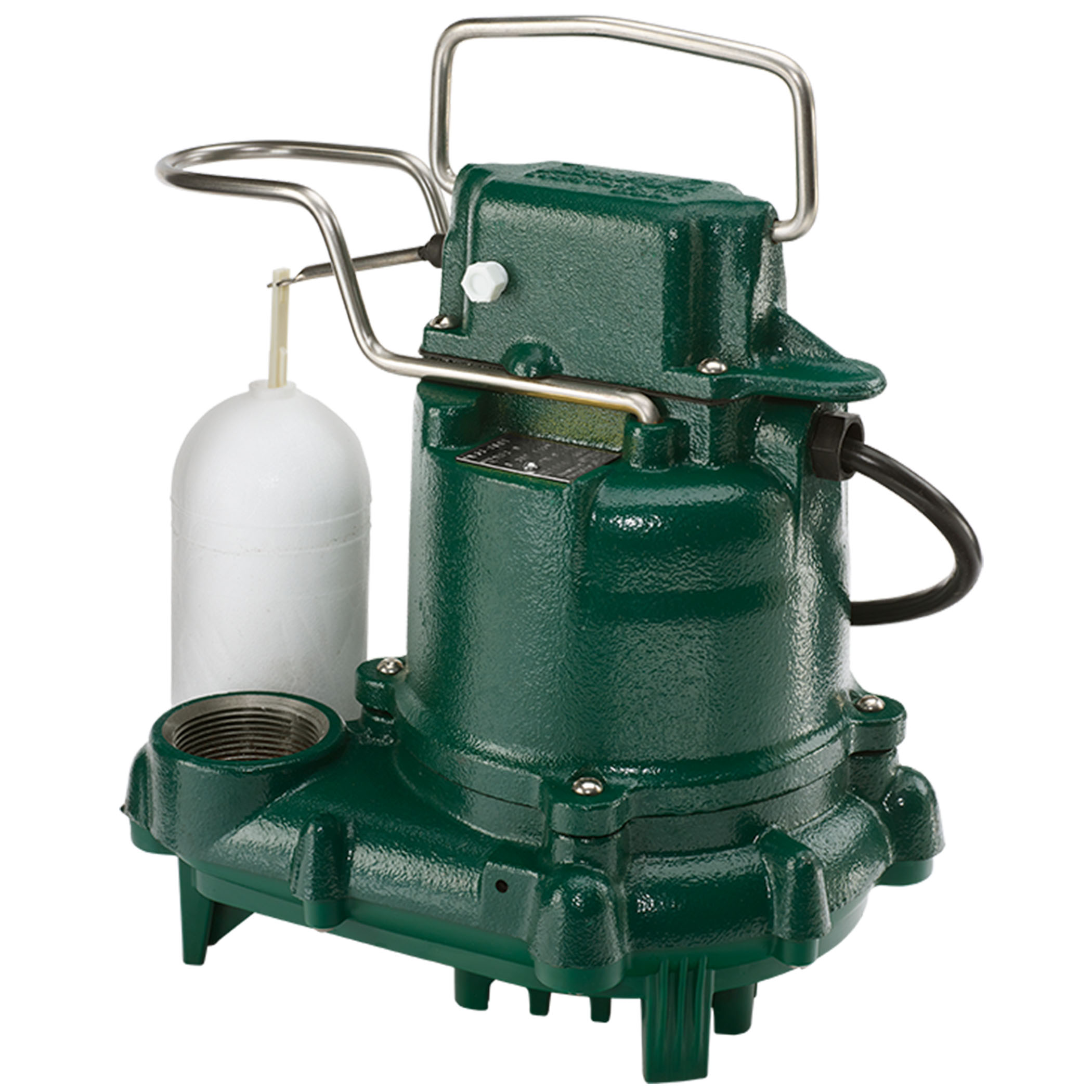 a green sump pump with a white tank on top of it