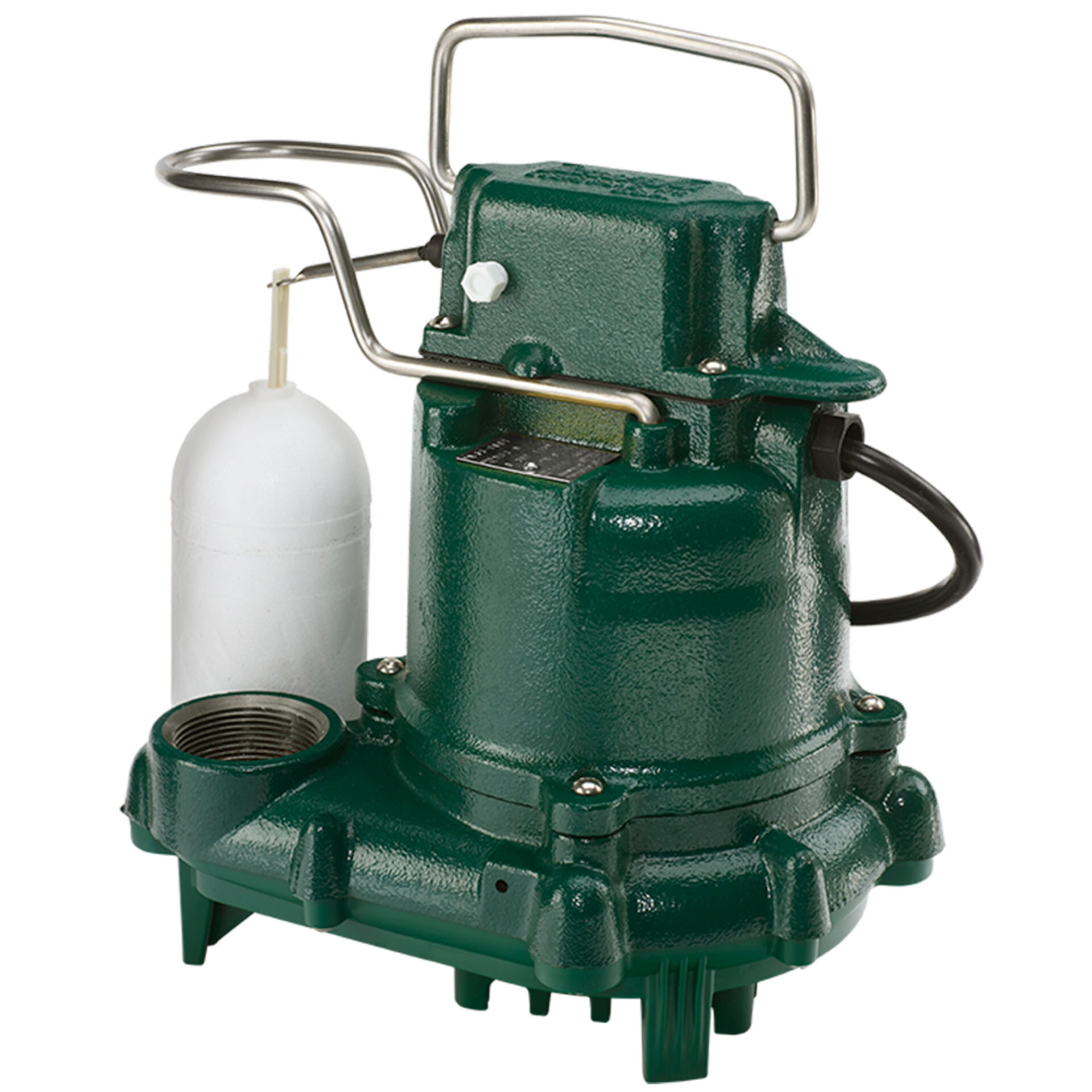 a green sump pump with a white tank on top of it